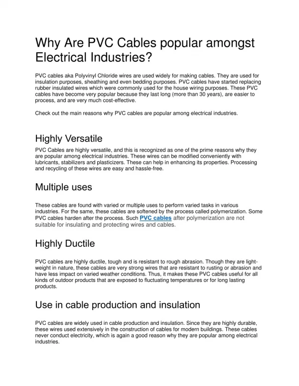 Why Are PVC Cables popular amongst Electrical Industries?