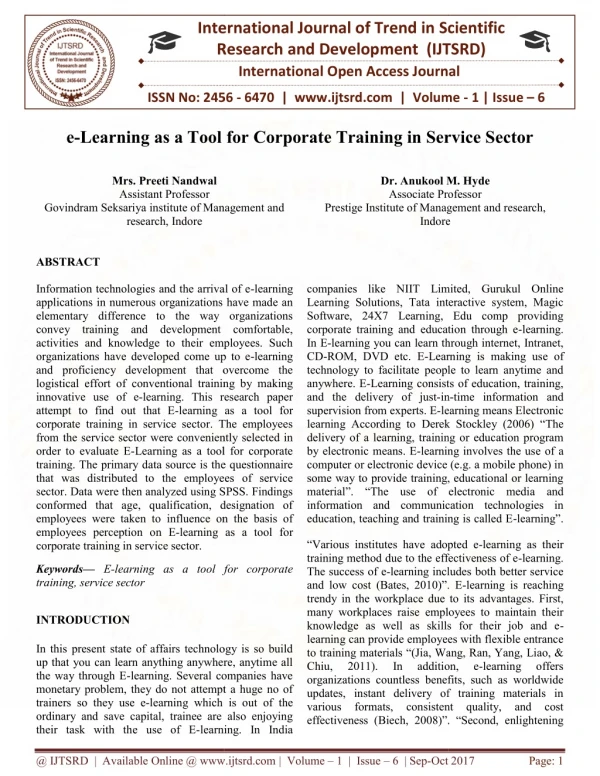 e Learning as a Tool for Corporate Training in Service Sector