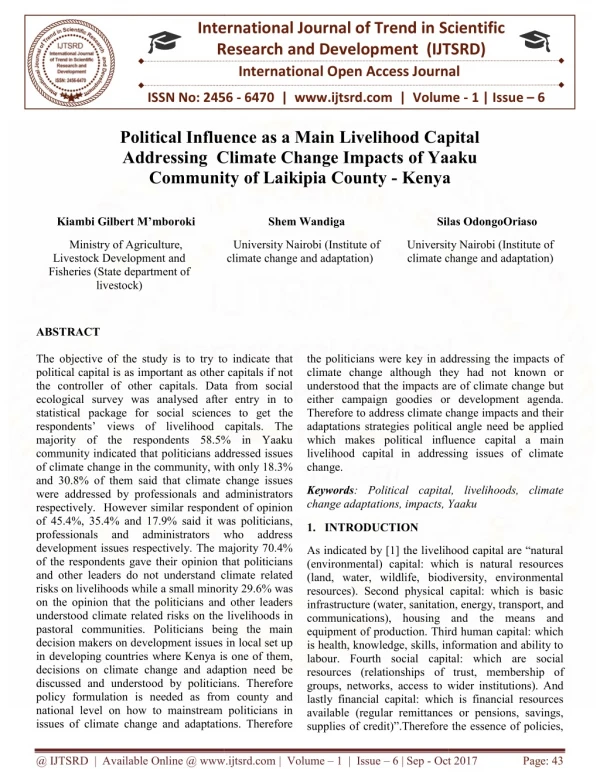 Political influence as a main Livelihood capital addressing climate change impacts of Yaaku Community of Laikipia County