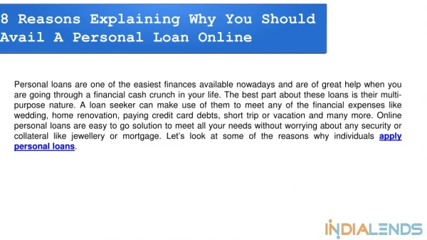 8 Reasons Explaining Why You Should Avail A Personal Loan Online