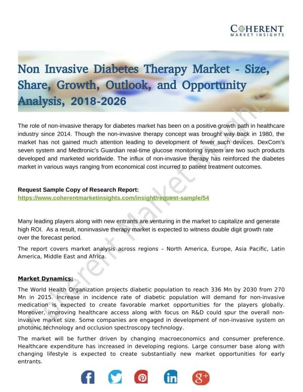 Non Invasive Diabetes Therapy Market To Collect Hugh Revenues Due To Growth In Demand by 2026