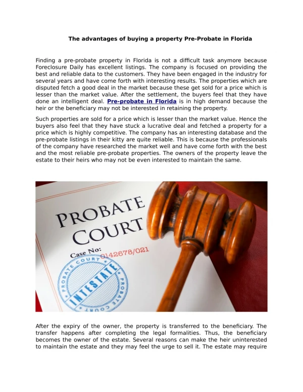The advantages of buying a property Pre-Probate in Florida