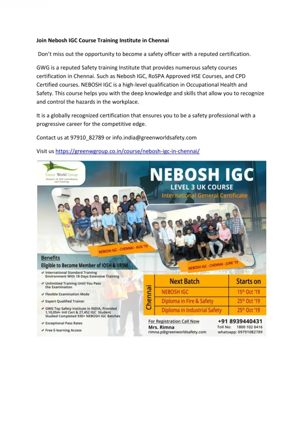 Join Nebosh IGC Course Training Institute in Chennai