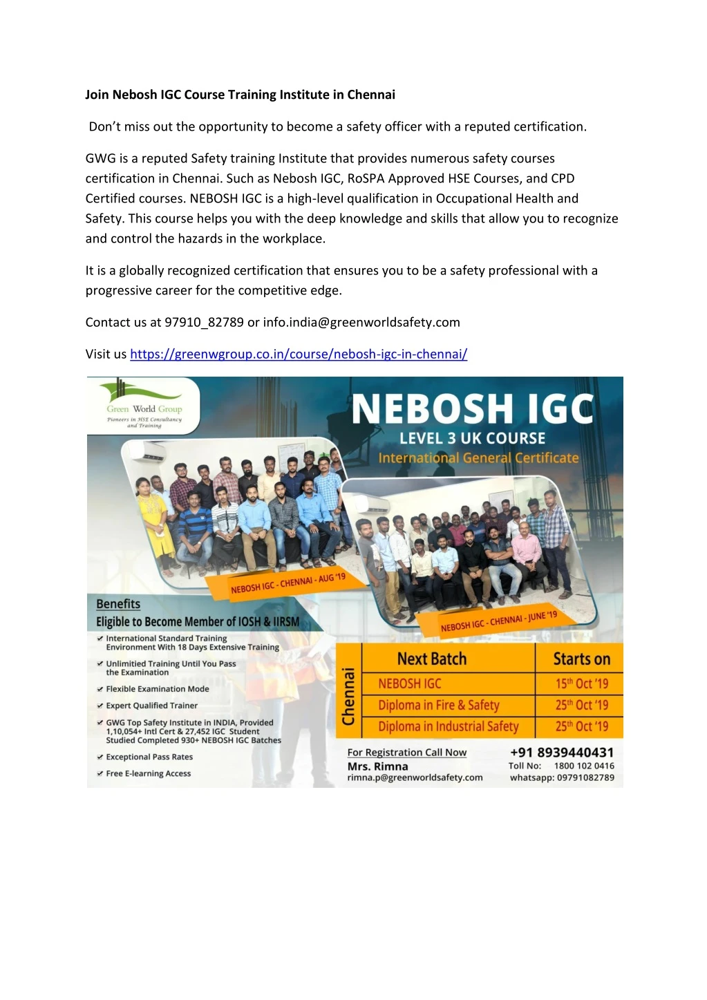 join nebosh igc course training institute