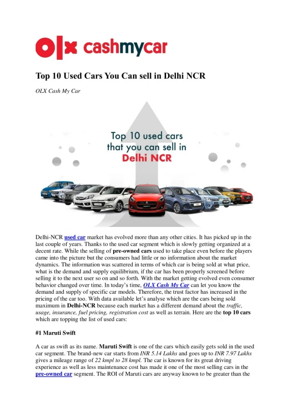 Top 10 Used Cars You Can sell in Delhi NCR