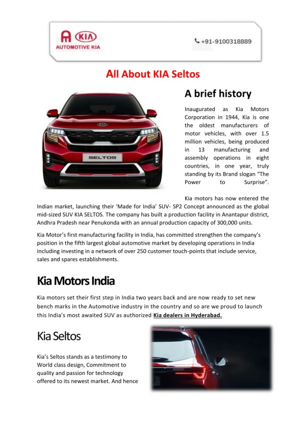 All About KIA Seltos – KIA Showroom in Hyderabad