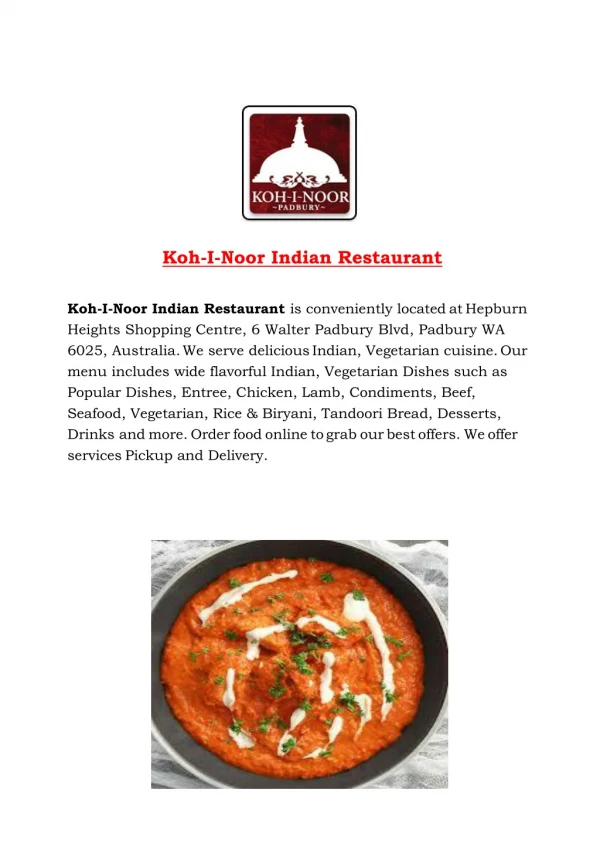 15% Off - Koh-I-Noor Indian Restaurant-Padbury - Order Food Online