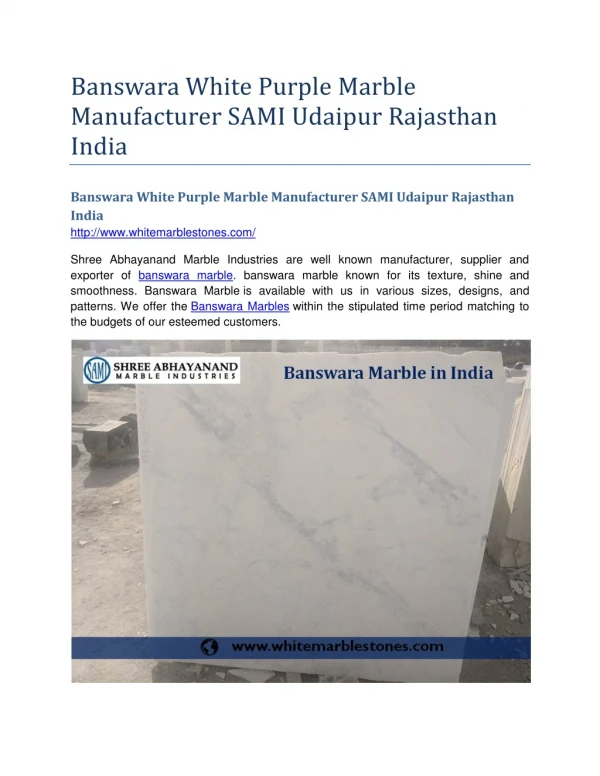 Banswara White Purple Marble Manufacturer SAMI Udaipur Rajasthan India