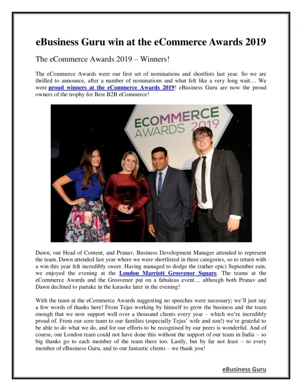 eBusiness Guru win at the eCommerce Awards 2019 | eBusiness Guru