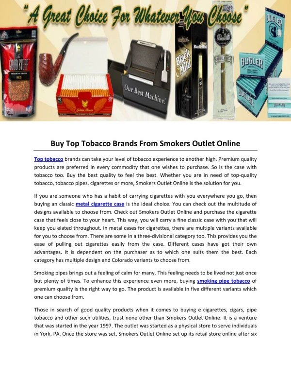 Buy Top Tobacco Brands From Smokers Outlet Online