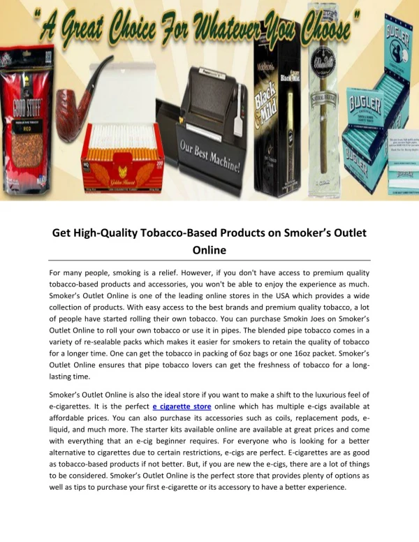 Get High-Quality Tobacco-Based Products on Smoker’s Outlet Online