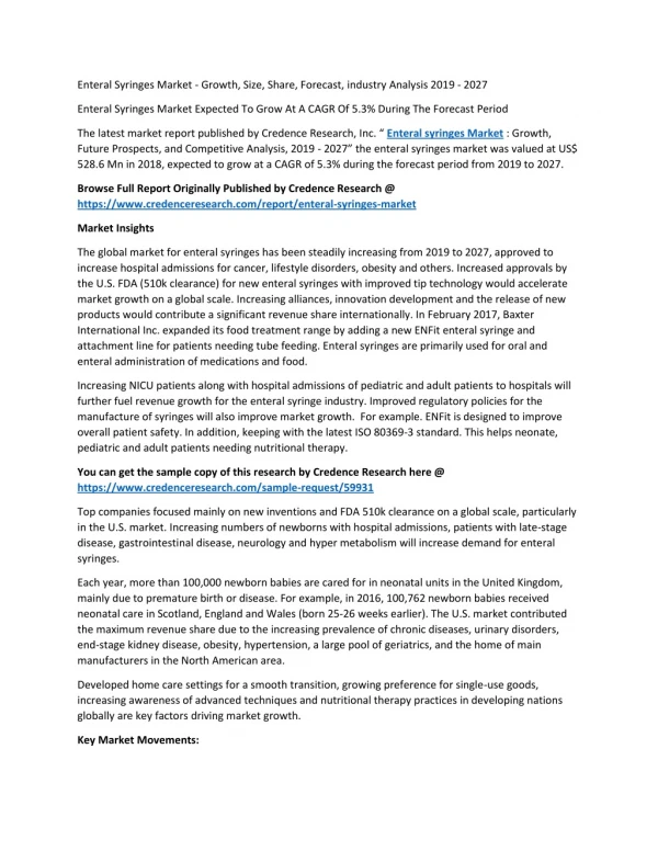 Enteral Syringes Market - Growth, Size, Share, Forecast, industry Analysis 2019 - 2027