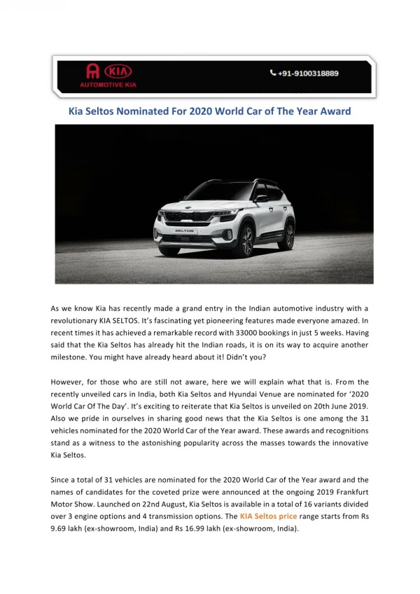Kia Seltos Nominated For 2020 World Car of The Year Award