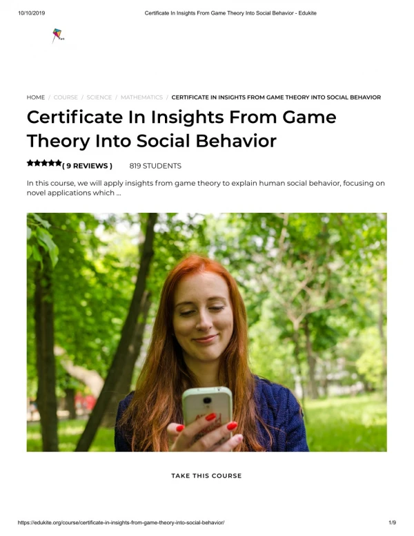 Certificate In Insights From Game Theory Into Social Behavior - Edukite