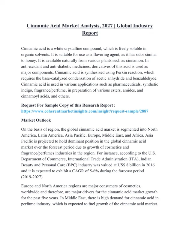 Cinnamic Acid Market Analysis, 2027 | Global Industry Report