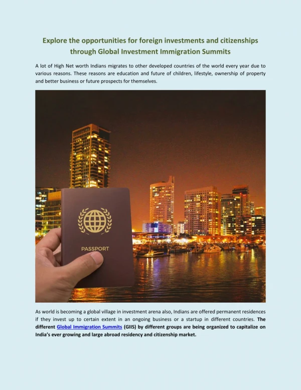 Explore the opportunities for foreign investments and citizenships through Global Investment Immigration Summits