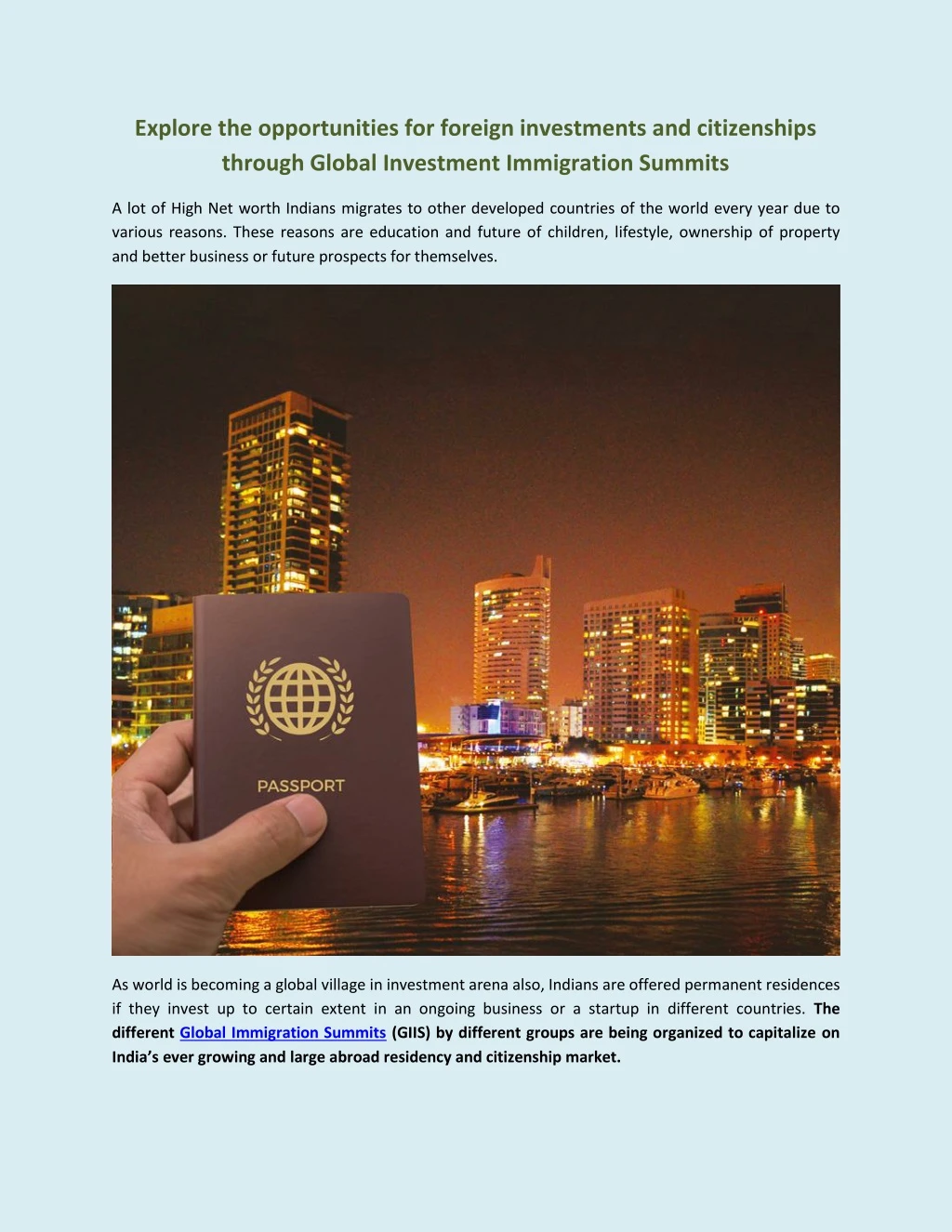 explore the opportunities for foreign investments