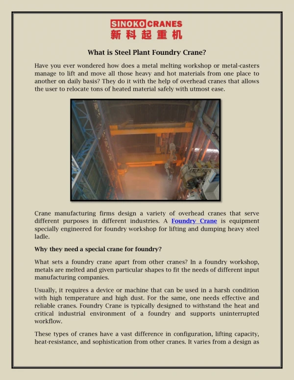 What is Steel Plant Foundry Crane?
