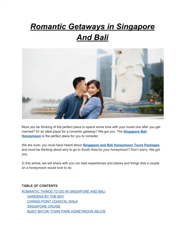 Perfect Romantic Getaways for a Honeymoon in Singapore and Bali