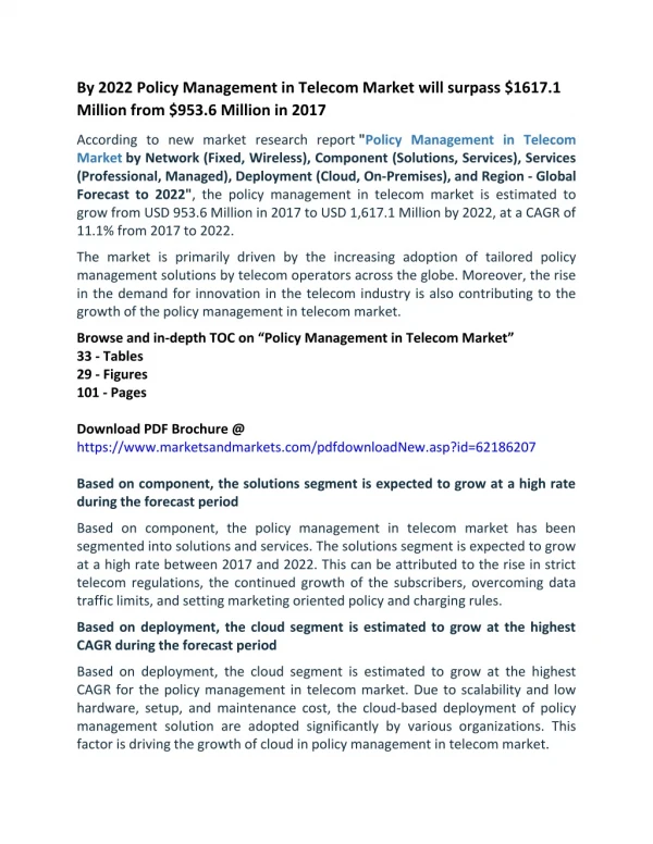 By 2022 Policy Management in Telecom Market will surpass $1617.1 Million from $953.6 Million in 2017