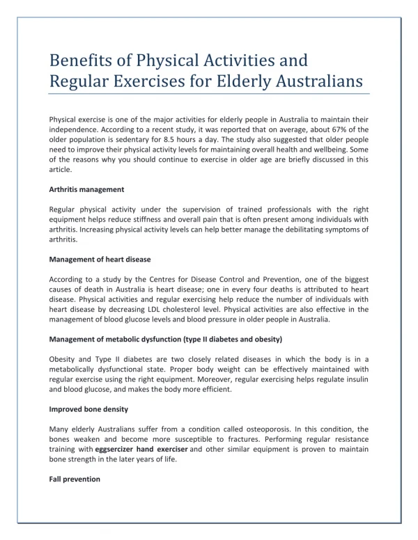 Benefits of Physical Activities and Regular Exercises for Elderly Australians