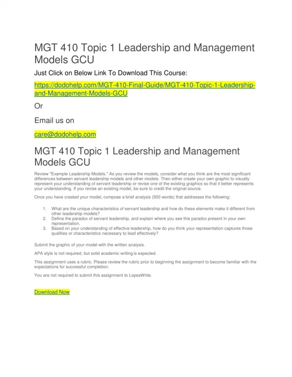 MGT 410 Topic 1 Leadership and Management Models GCU