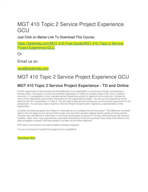 MGT 410 Topic 2 Service Project Experience GCU
