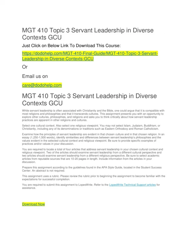 MGT 410 Topic 3 Servant Leadership in Diverse Contexts GCU