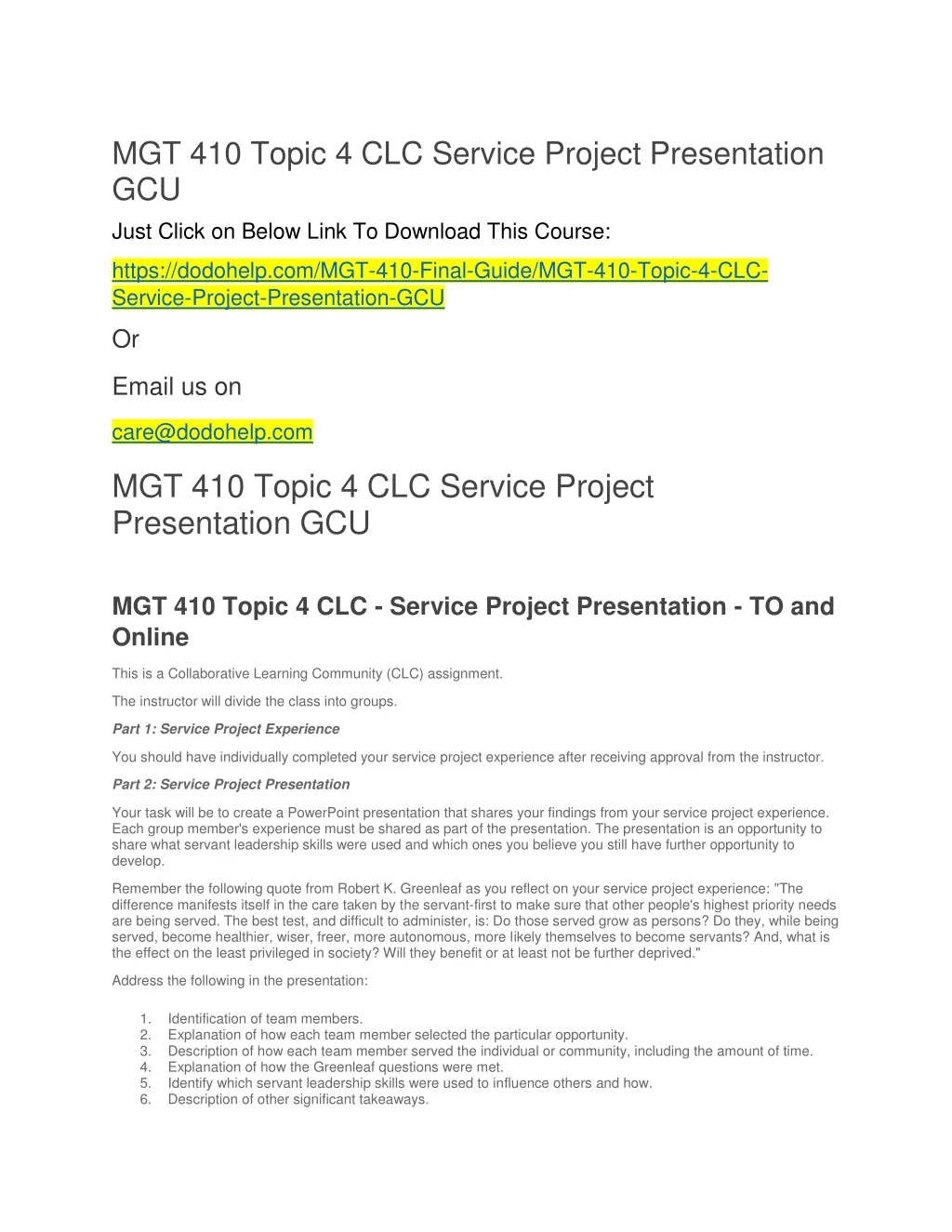 mgt 410 topic 4 clc service project presentation