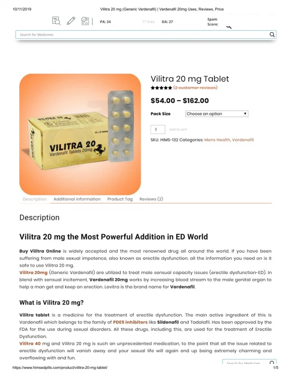 Vilitra (Vardenafil) | Vilitra 20 mg Online At Best Price in USA