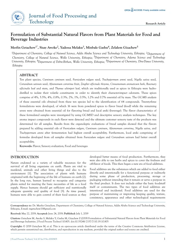 Formulation of Substantial Natural Flavors from Plant Materials for Food and Beverage Industries