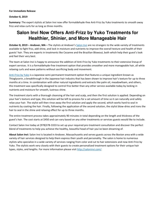 Salon Invi Now Offers Anti-Frizz by Yuko Treatments for Healthier, Shinier, and More Manageable Hair