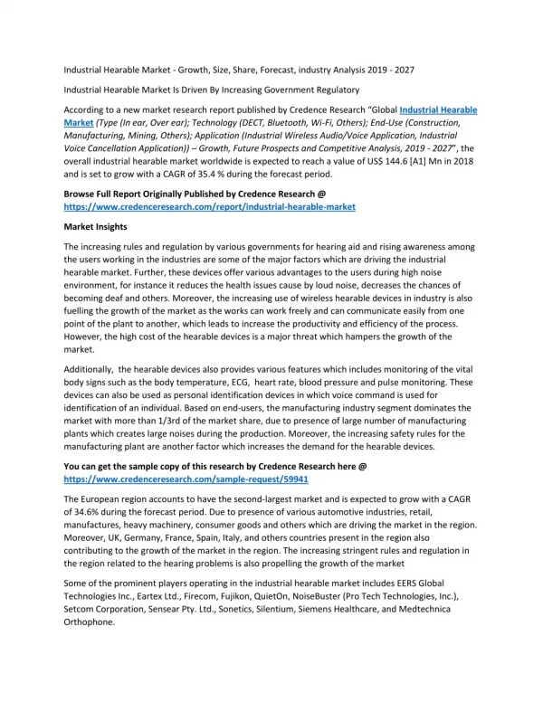Industrial Hearable Market Is Driven By Increasing Government Regulatory