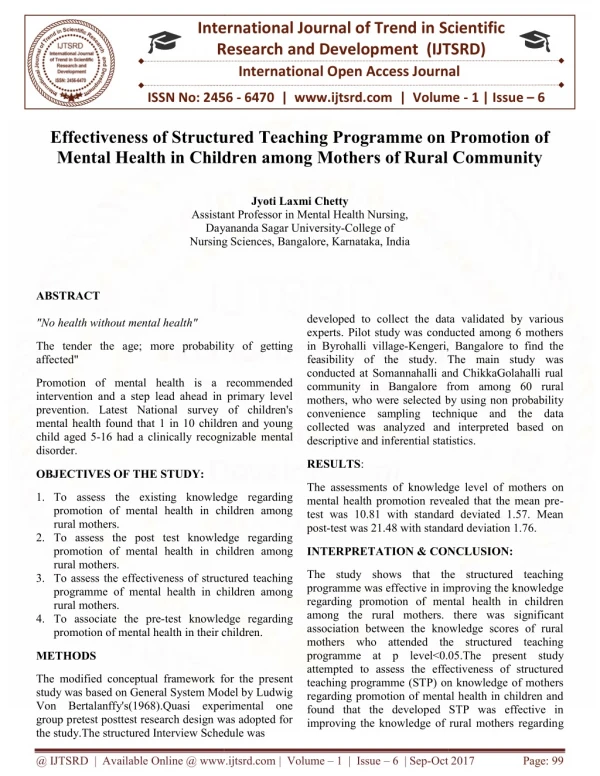 Effectiveness of Structured Teaching Programme on Promotion of Mental Health in Children among Mothers of Rural Communit
