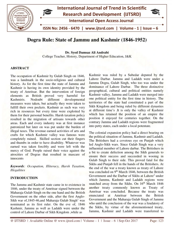 Dogra Rule State of Jammu And Kashmir 1846 1952