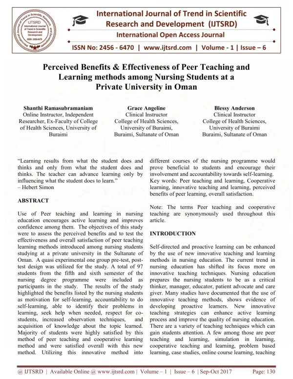 Perceived Benefits and Effectiveness of Peer Teaching and Learning methods among Nursing Students at a Private Universit