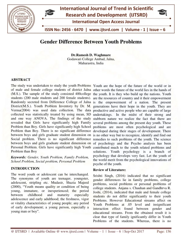 Gender Difference Between Youth Problems