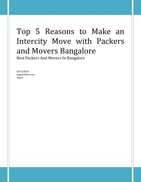 Top 5 Reasons to Make an Intercity Move with Packers and Movers Bangalore