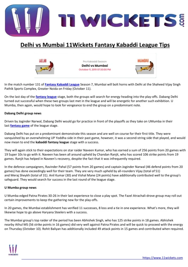 Delhi vs Mumbai 11Wickets Fantasy Kabaddi League Tips