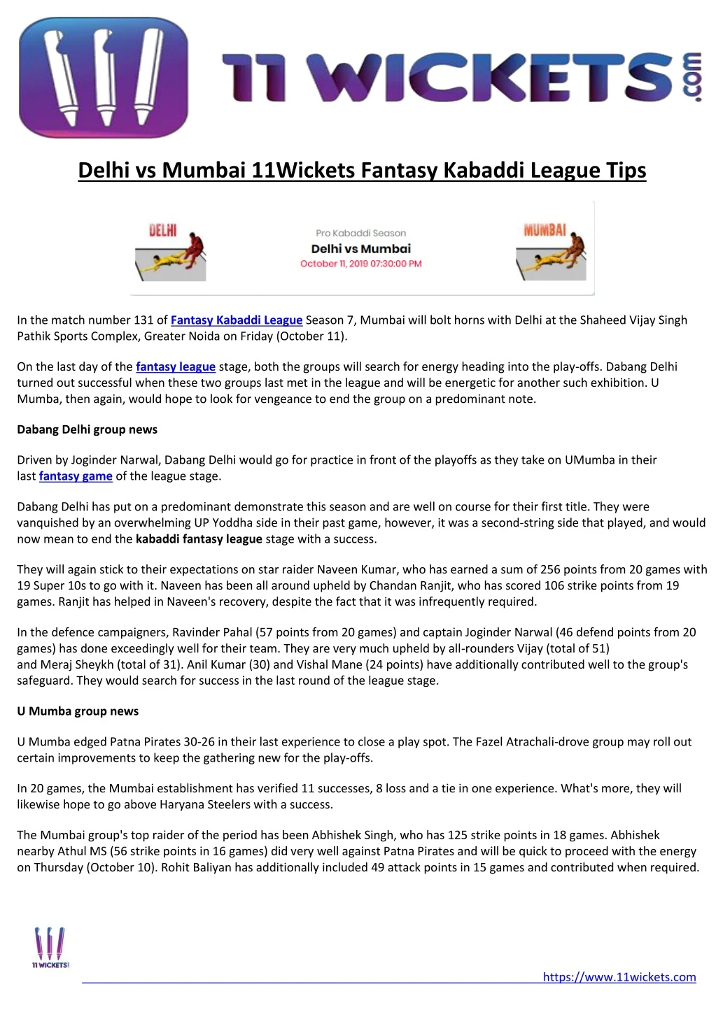 delhi vs mumbai 11wickets fantasy kabaddi league