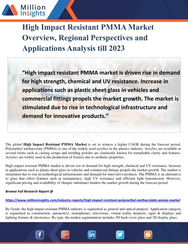High Impact Resistant PMMA Market Overview, Regional Perspectives and Applications Analysis till 2023