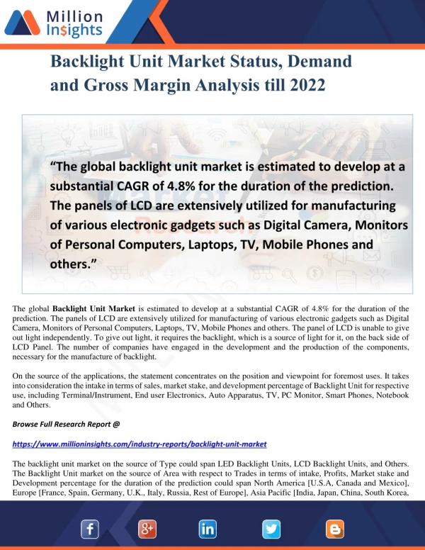 Backlight Unit Market Status, Demand and Gross Margin Analysis till 2022