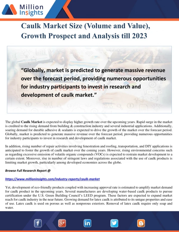 Caulk Market Size (Volume and Value), Growth Prospect and Analysis till 2023