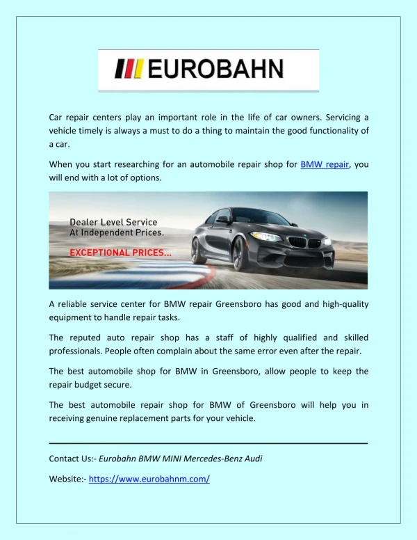 Eurobahn: BMW Repair Service at Fair Price in Greensboro, NC