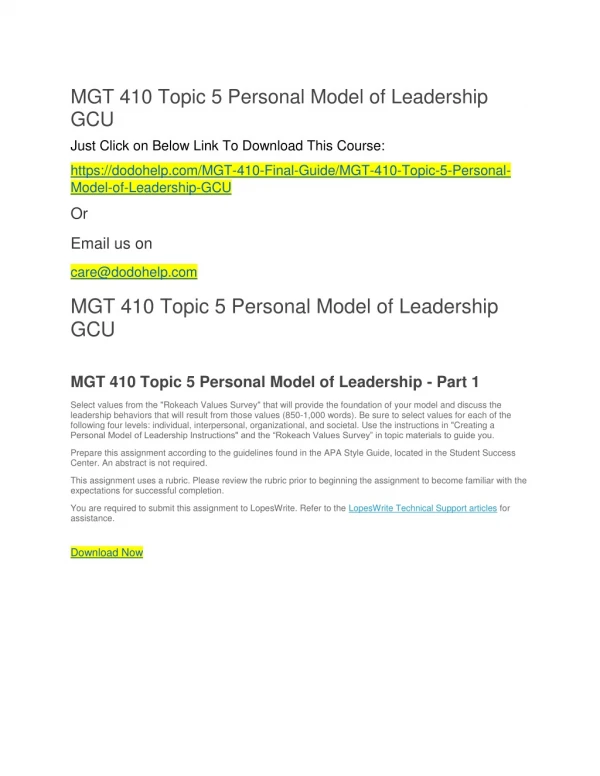 MGT 410 Topic 5 Personal Model of Leadership GCU
