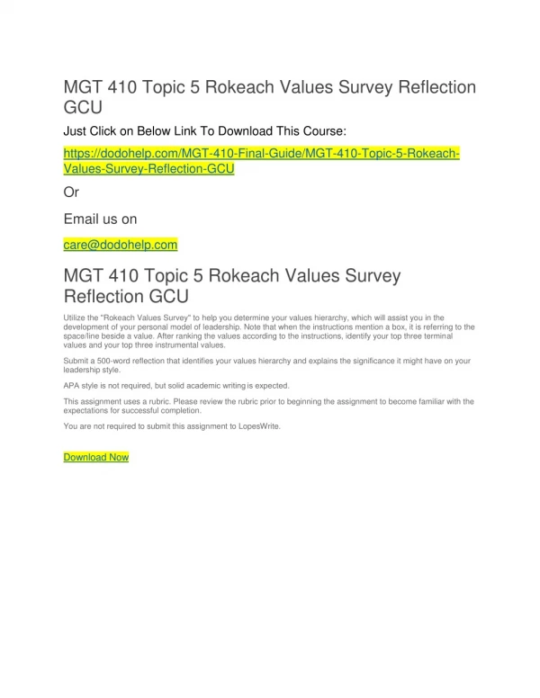 MGT 410 Topic 5 Rokeach Values Survey Reflection GCU