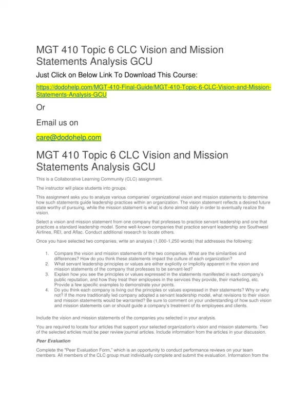 MGT 410 Topic 6 CLC Vision and Mission Statements Analysis GCU