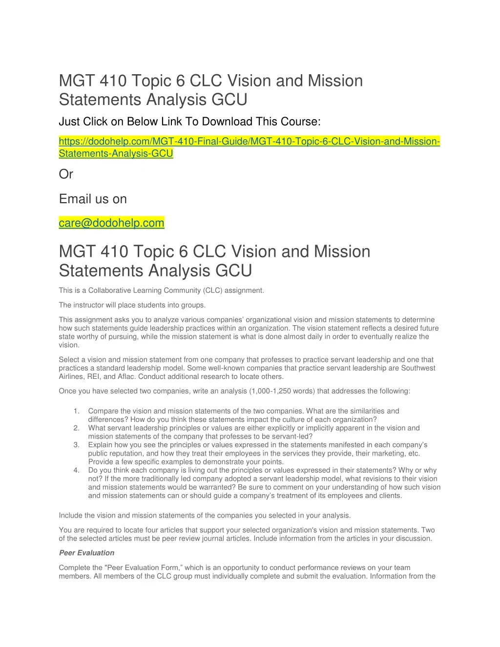 mgt 410 topic 6 clc vision and mission statements