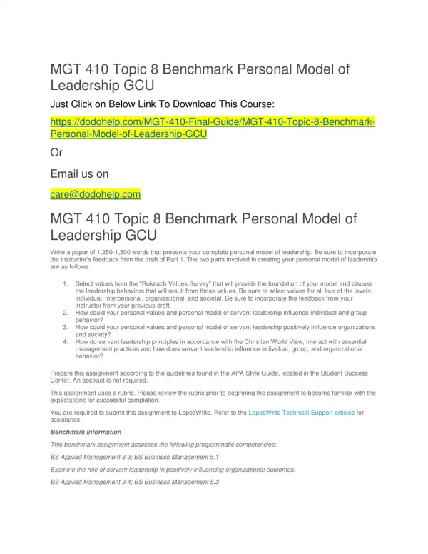 MGT 410 Topic 8 Benchmark Personal Model of Leadership GCU
