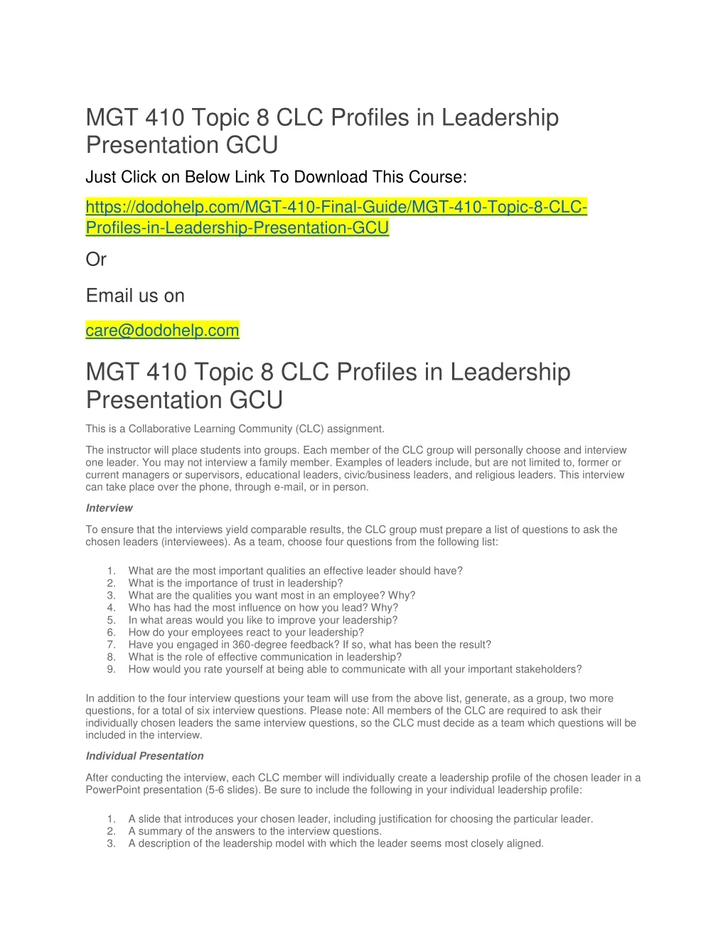 mgt 410 topic 8 clc profiles in leadership